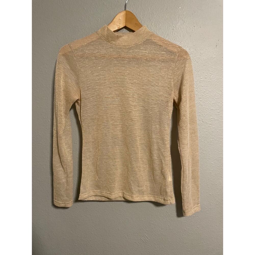 Whimsy + Row Womens Top Small Gold Stripe Glitter Sheer Lightweight Mock Fairy
